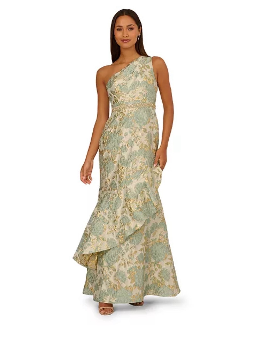Adrianna Papell One-Shoulder Green and Gold Brocade Gown
